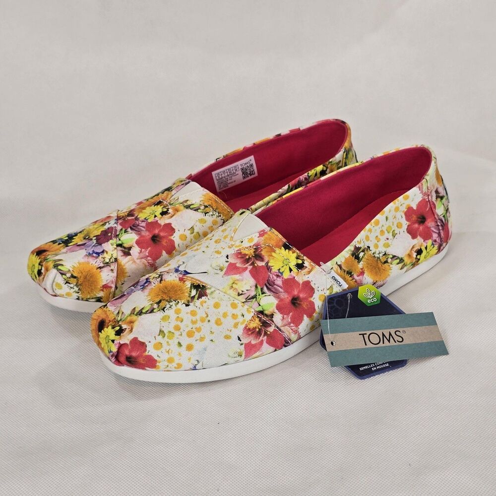 TOMS Shoes Womens Size 9 White Floral Print Alpargata Slip On Canvas Ortholite